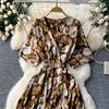 Vintage Elegant V Neck Split Print Short Sleeve Dress Chic Slim A Line Vestidos Summer Vacation Party Women Fashion Dresses