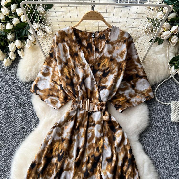 Vintage Elegant V Neck Split Print Short Sleeve Dress Chic Slim A Line Vestidos Summer Vacation Party Women Fashion Dresses
