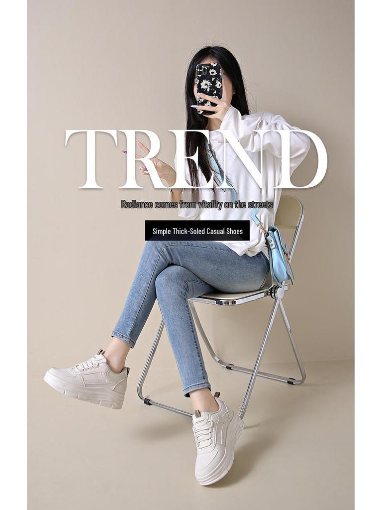 Women's W3612 White Leather Thick-Soled Casual Shoes, 2024 Autumn Collection