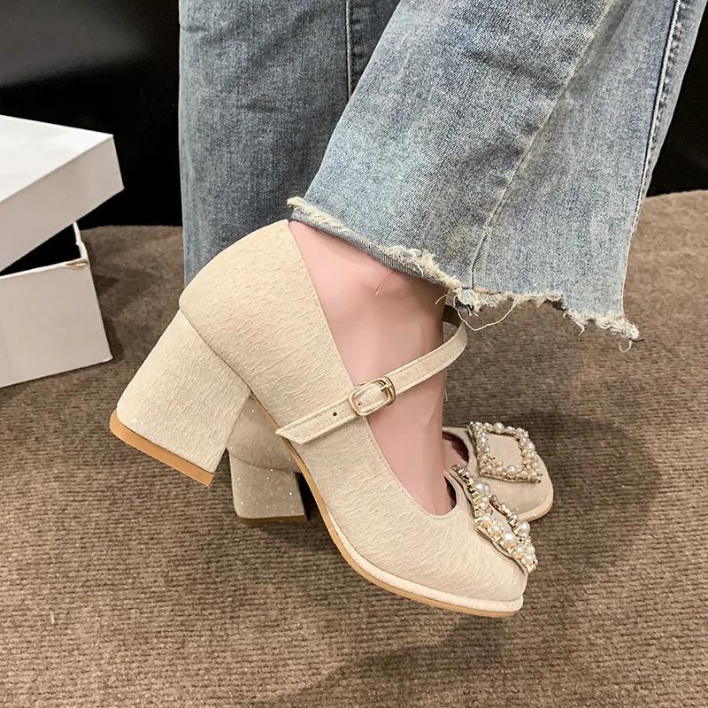 Fashion French Thick Heel Square Head Waterproof High Heel Single Shoes Women 2025 New Line Button Fairy with Skirt Shoes