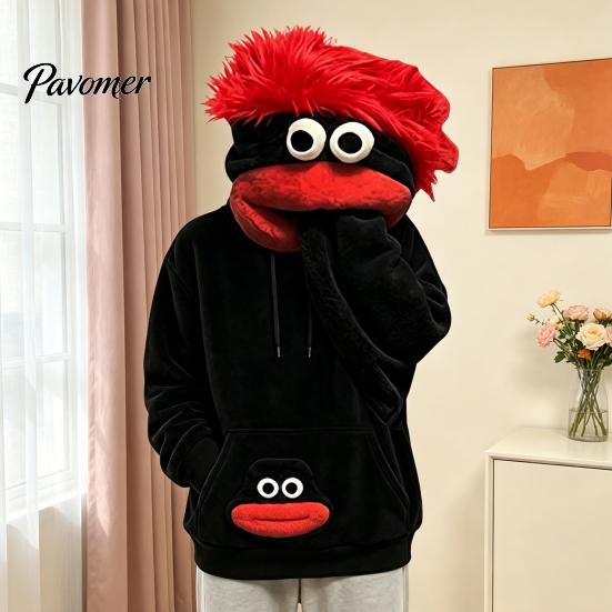 Unisex Pullover Top Big Mouth Creature Flannel Hoodie with Comb, Men Women Oversized Hooded Hoodies Sweatshirt, Thickened Plush Casual for Fall Winter