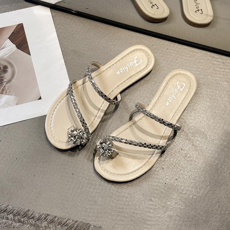 French Evening Slippers Women's Summer Wear 2025 New Fashion Rhinestone Cool Slippers Flat Bottom One Word