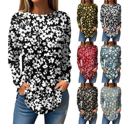 Damen T-Shirt mit Rundhalsausschnitt, lockerer Schnitt, langärmelig, Top, Pullover