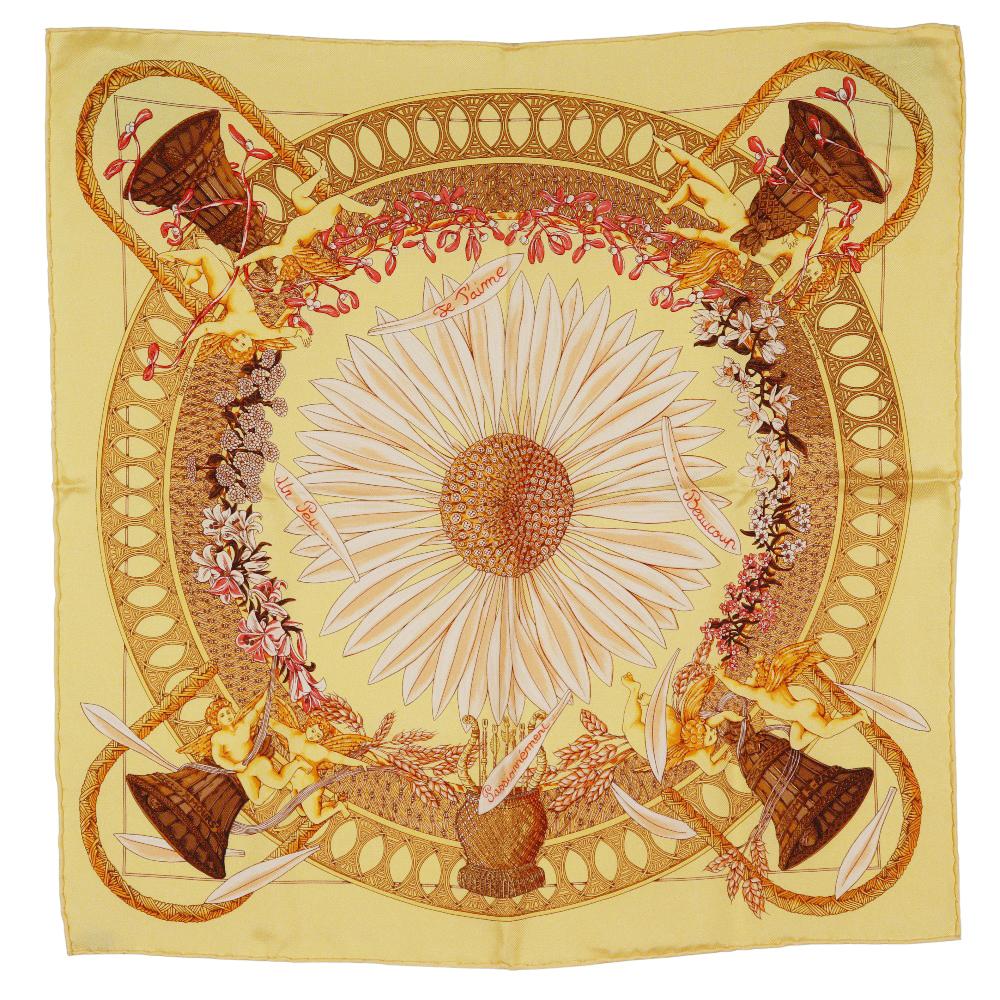 Hermes Carree42 Scarf AMOURS Amore Sunflower Yellow Silk Women Used