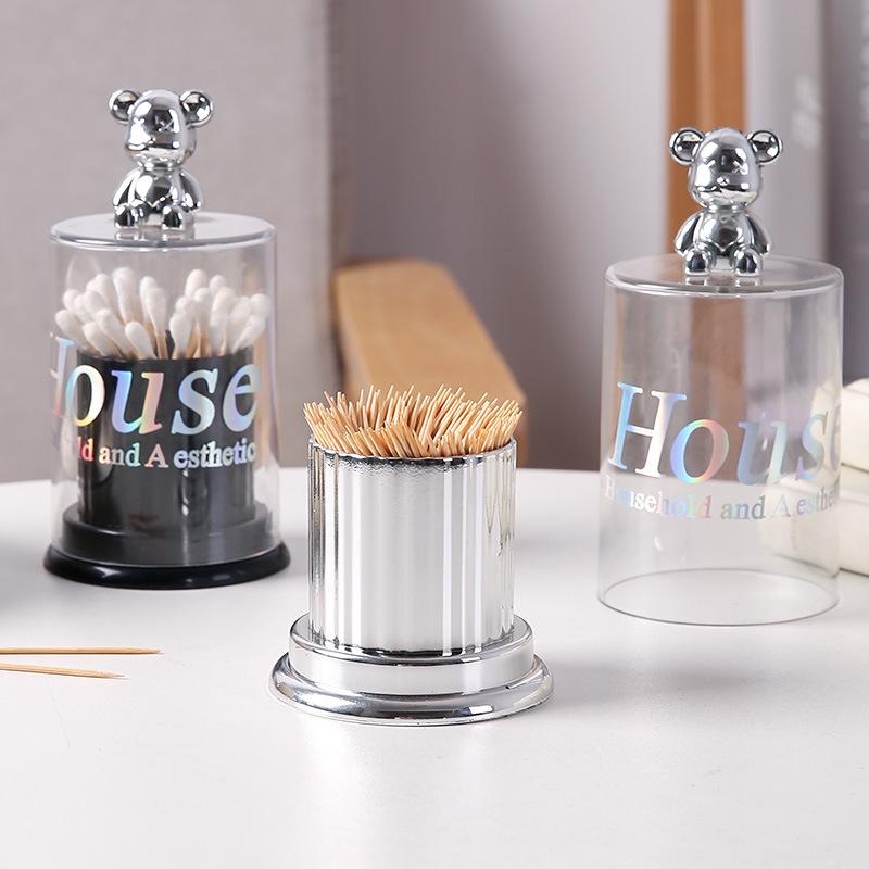Cute Little Bear Toothpick & Storage Box for Cotton Swabs, Dental Floss - Creative Light Luxury Decor