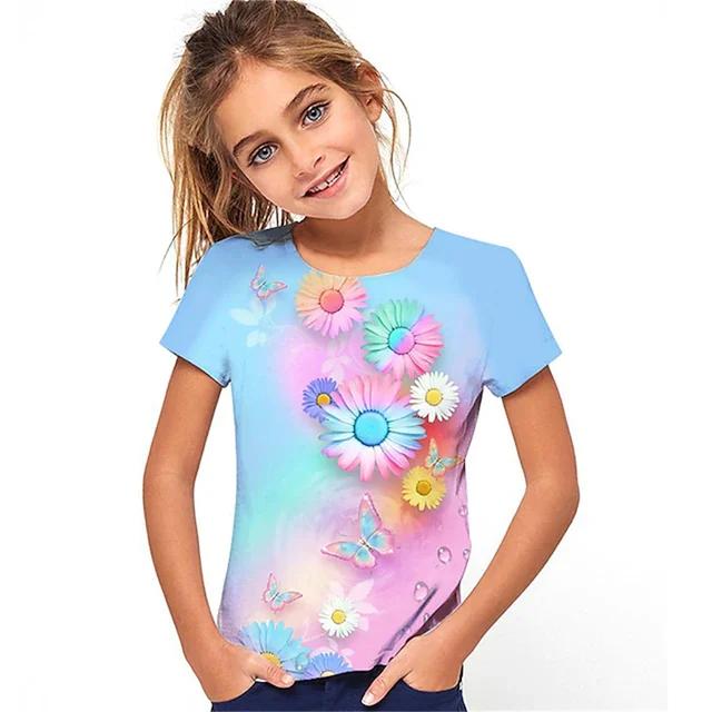 

Летний топ с круглым вырезом, 3D-принтом с животными и цветами, модный повседневный, с короткими рукавами, детская футболка для девочки 170
