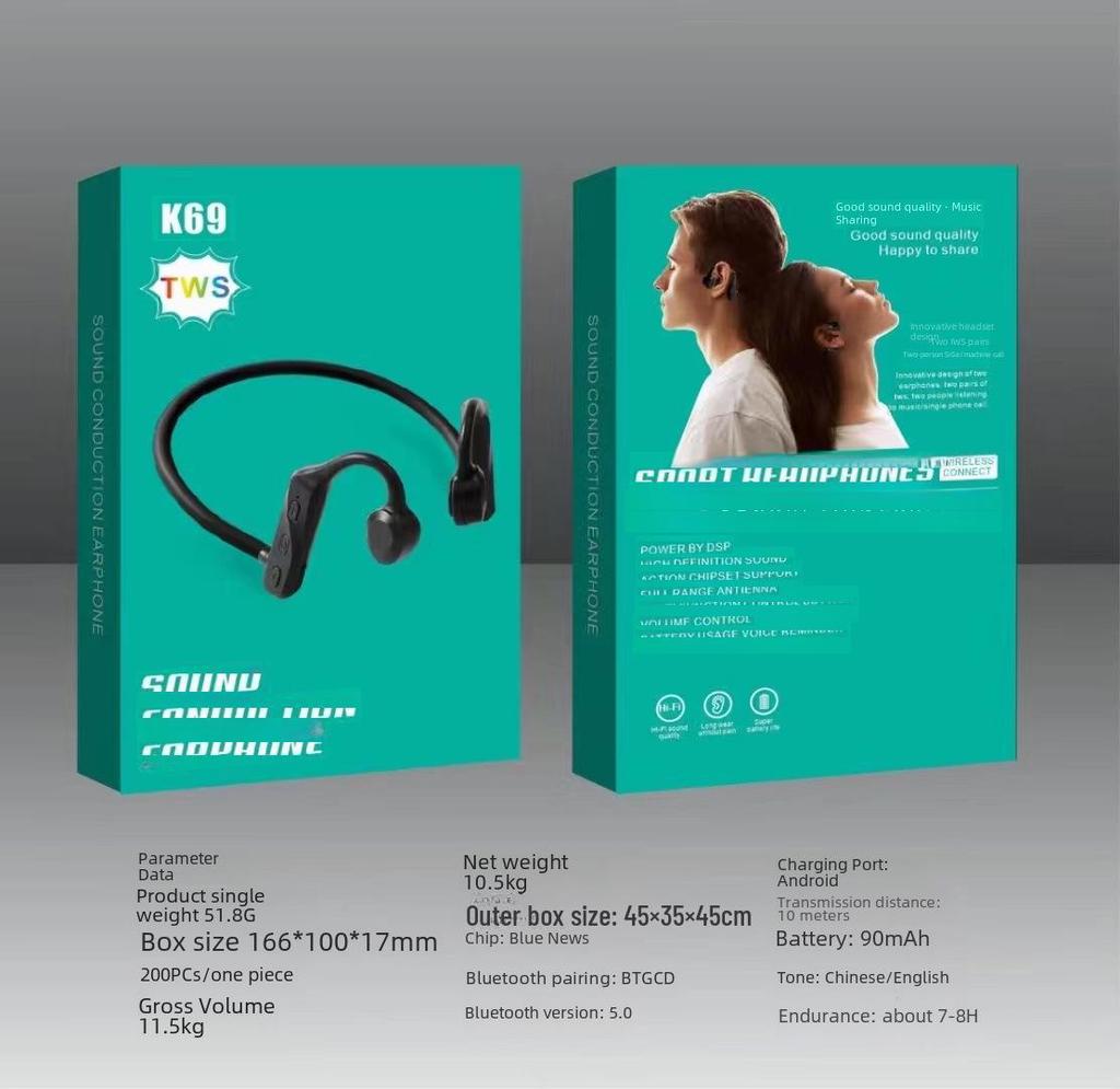 K69 Wireless Sports Earphones: Sweat-Proof Bone and Sound Conduction Bluetooth 5.0, Back-Hook Design