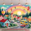 2D Whimsical Village Backdrop Kids Town Cars Bus Rainbow Sun Background for Photoshoot