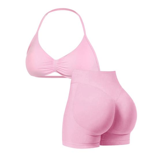 

Спортивні костюми з 2 предметів для жінок: Спортивний топ-халтер без спинки на бретельках та шорти з високою талією для сідниць, Безшовний комплект для тренажерного залу та йоги M рожевий