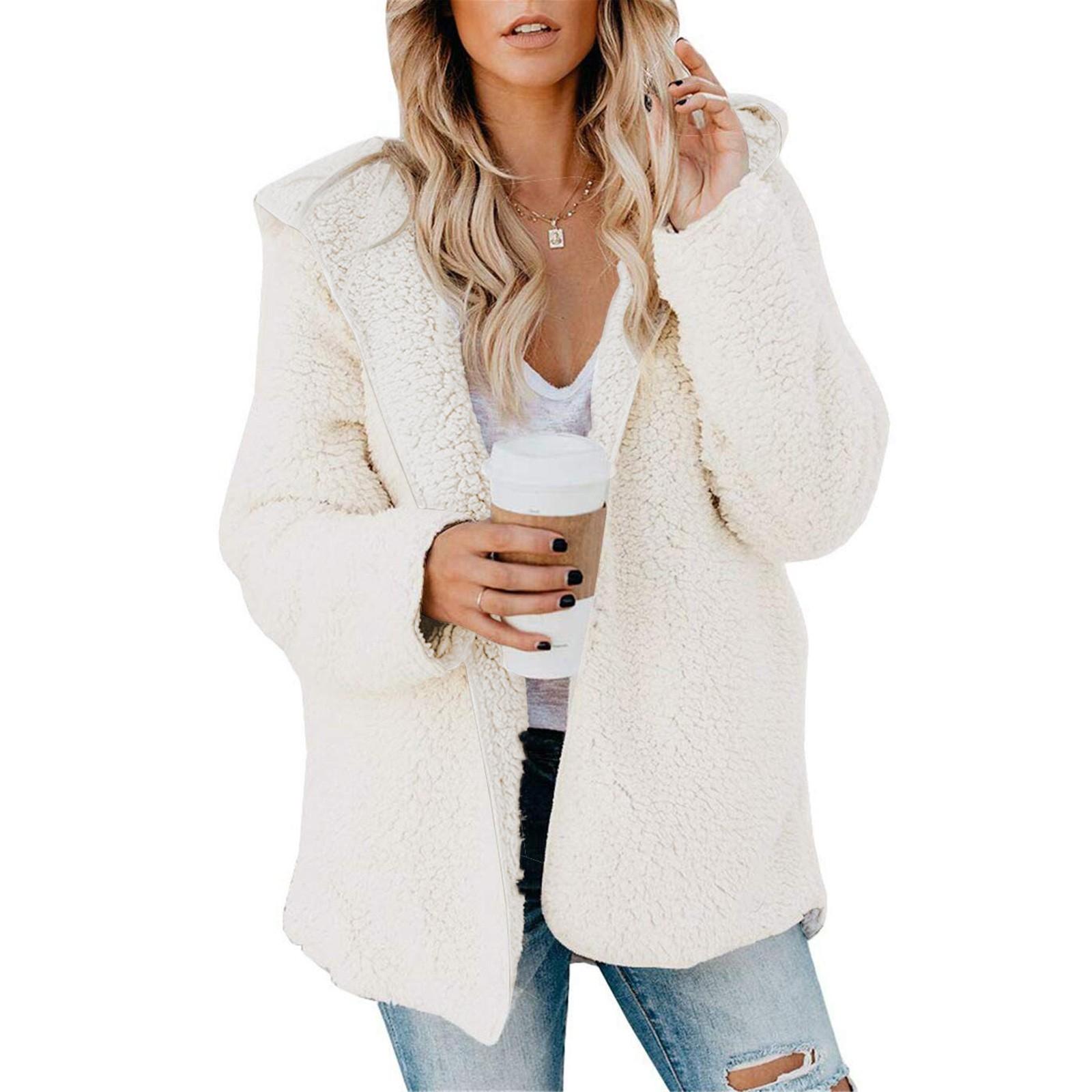 

Женская плюшевая куртка, флисовая куртка большого размера, пальто с карманами, открытыми спереди, с капюшоном, пушистый кардиган XL бежевый