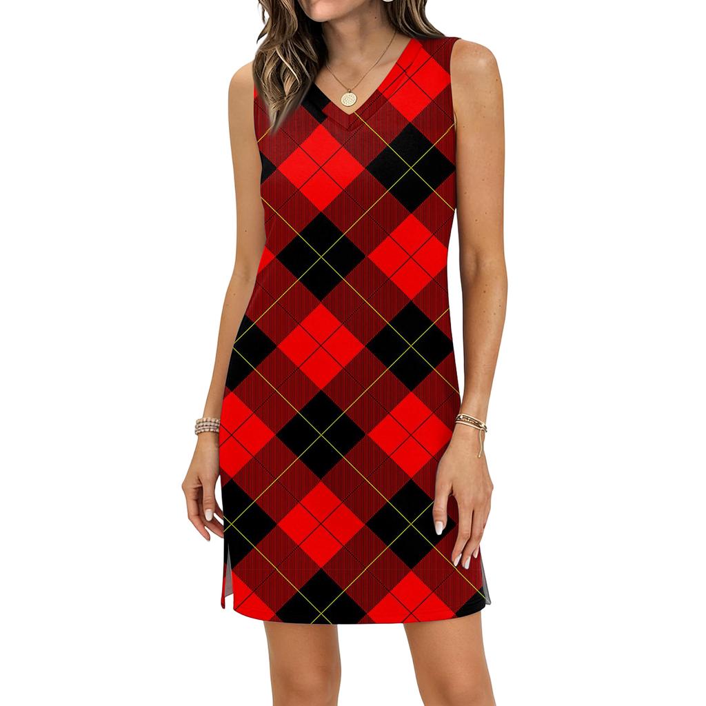 Women's Casual V-neck Sleeveless Split Hem Plaid Print Dress