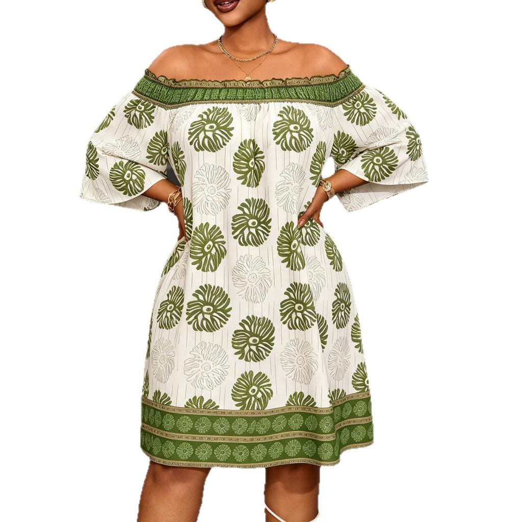 European and American large-size summer new temperament one-word shoulder printing half-sleeved backless knee-length dress