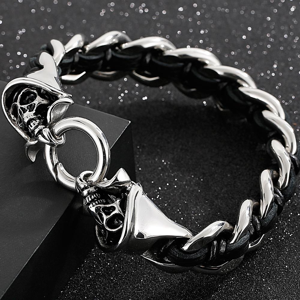 Cool Men's Braided Genuine Leather Skull Bracelet for Men Gothic Cast 316l Stainless Steel Wristband Punk Biker Bracelet Jewelry