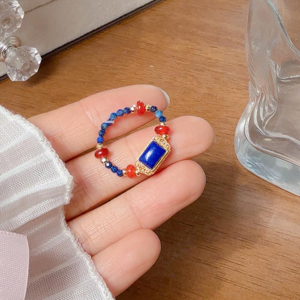 Women's Amber Agate Ring: Chinese Style, Wealth-Attracting, Tiger Eye & Lapis Lazuli, Versatile & Stylish