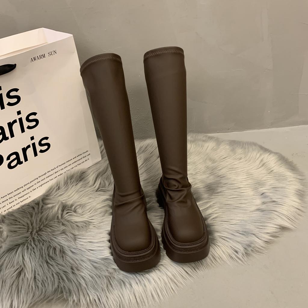 Spice Girl Boots Women's Leather Muffin Thick Bottom Elastic Skinny Boots Small Man Grows Tall Skinny Knight Boots Women's Tide