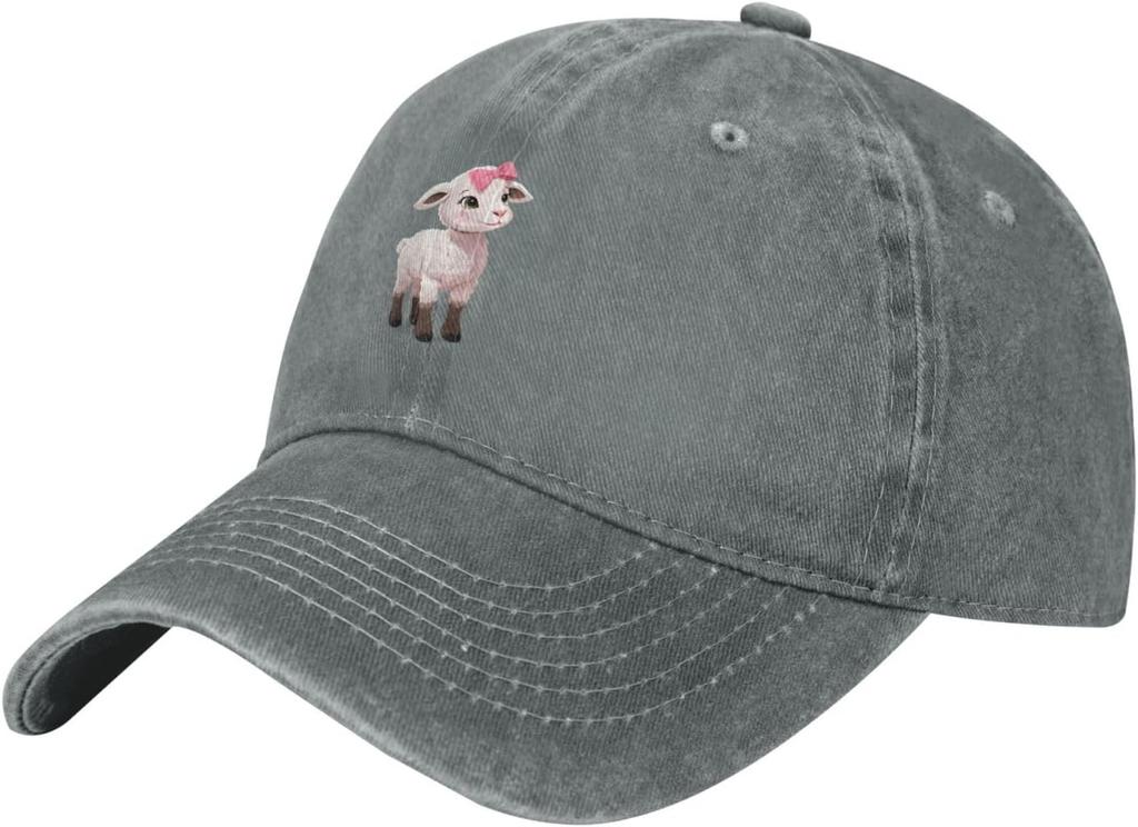Pink Bow Lamb Embroidered Baseball Cap Washed Denim Casual Adjustable Cotton Hat Unisex