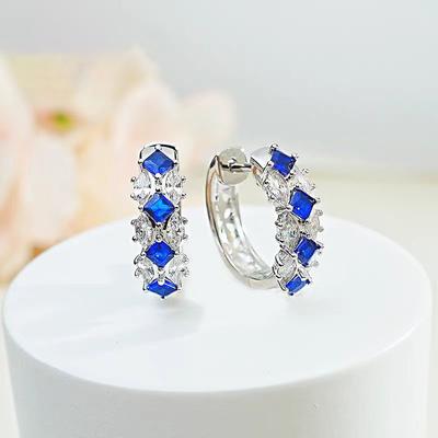 Light Luxury Temperament Blue Pointed Crystal Ear Buckle Row Diamond Stud Earrings Inlaid With High Carbon Diamonds Versatile Simple Fashion Earrings