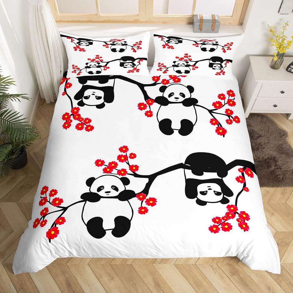 Cute Panda Duvet Cover Set Twin Queen Cartoon Wild Animal Bedding Set Minimalism Hand Drawn Comforter Cover Kawaii Room Decor