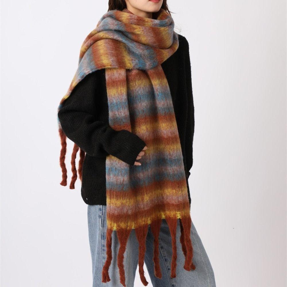 Mohair Plaid Wool Scarf Plush Long Shawl Elegant Winter Cashmere Scarves  Autumn Winter