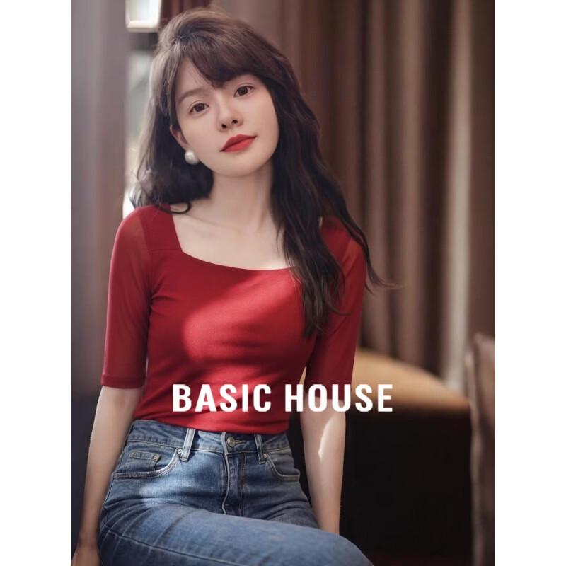 Basic House Women s Mesh Square Neck Half Sleeve T-Shirt L