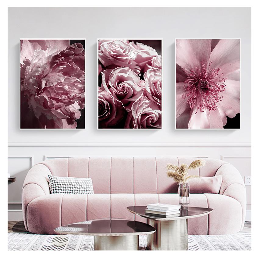 

Настенная живопись на холсте, плакаты на скандинавскую тему и принты, настенные панно для гостиной, декора салона, большой розовый пион, роза, листья