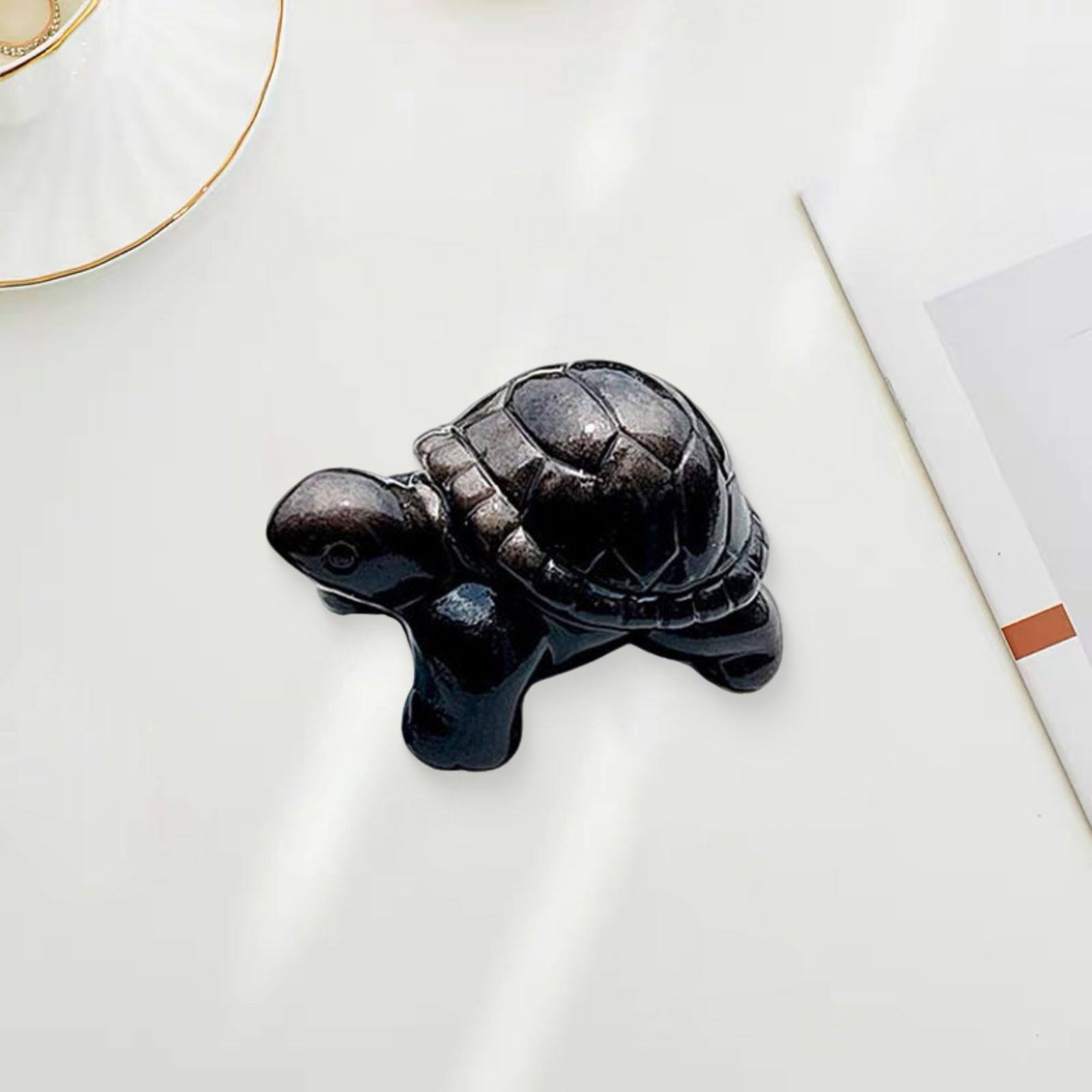 Black Obsidian Turtle Figurine Handmade Stone Sculpture Decorative Table Ornament for Family Gift and Interior Decoration