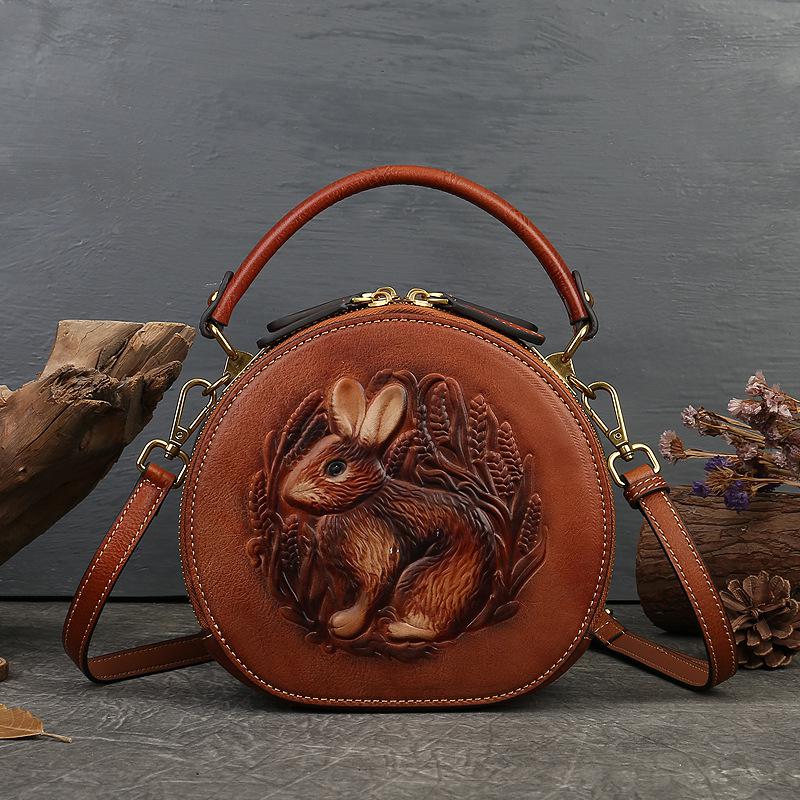 Rabbit Embossed Handbag Genuine Leather Retro Women Bag Versatile Real Cowhide Handmade Shoulder Bags