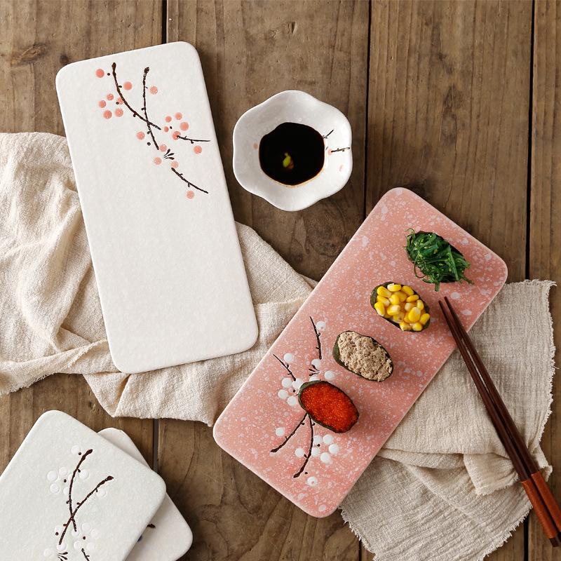 BEPAN 1PC Japanese Style Rectangular Ceramic Plates Underglaze Color Sushi Dishes Multi Purpose Plates for Cake Western Food
