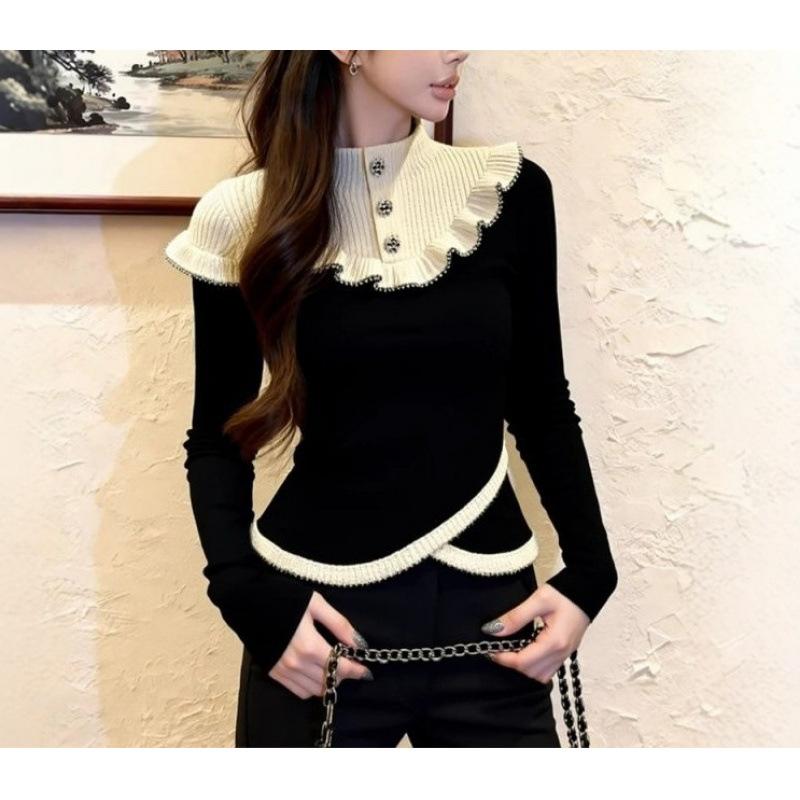 

Sweater women s spring, autumn and winter design sense, temperament, waist pinch contrasting color knitted top One size fits all чорний