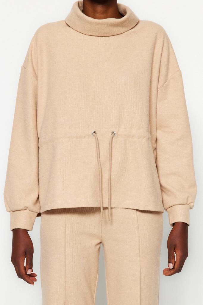 Women's Fashionable Stylish Sweatshirt Navy Blue Thessaloniki Knitwear Look High Collar Gathered Regular Fit Knitted Sweatshirt