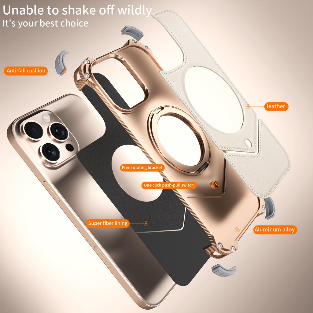 For iPhone 16 Pro Max Case PU Covered Metal Boardless Phone Back Cover with Kickstand