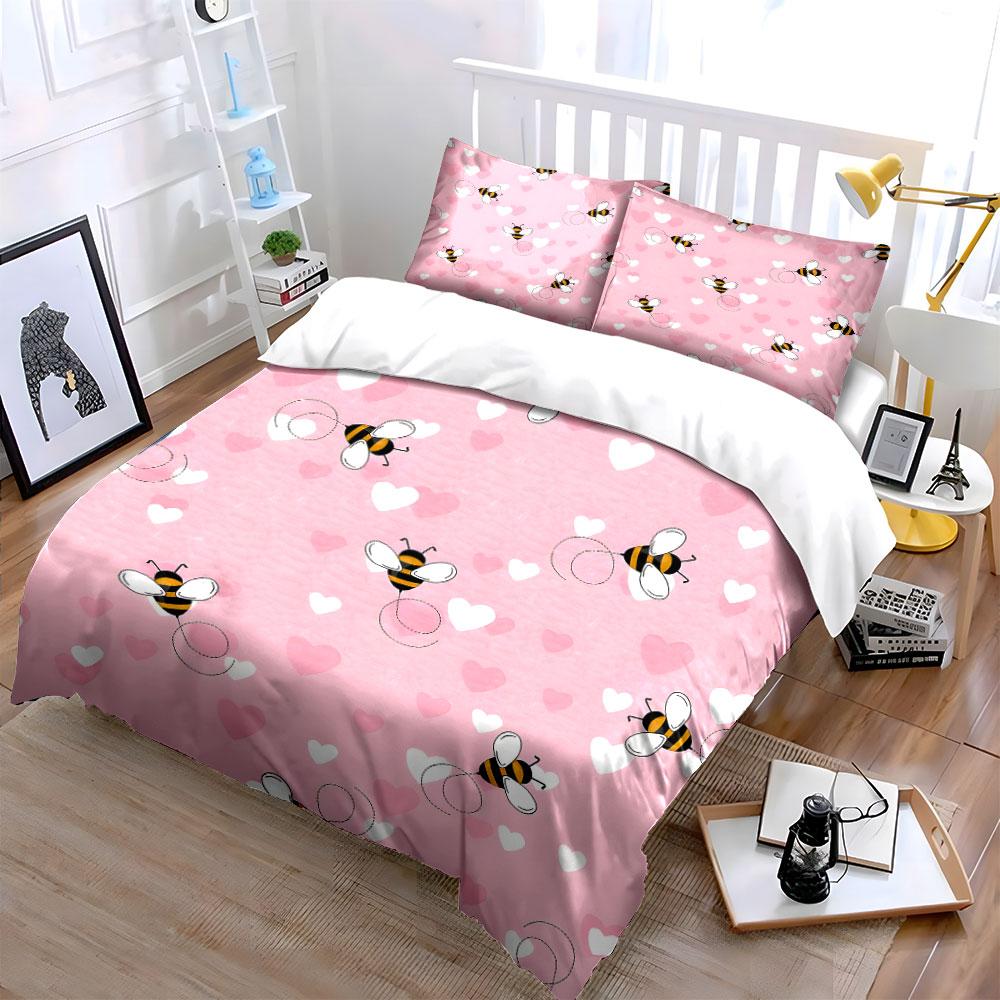 Bee and Heart Pink Pattern Bedding Duvet Cover Set (1*Duvet Cover 2*Pillowcases, without duvet insert)