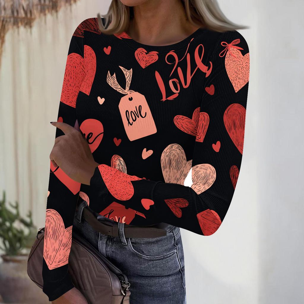 Haut côtelé décontracté et tendance pour femme, à col rond et manches longues, avec imprimé Saint-Valentin.