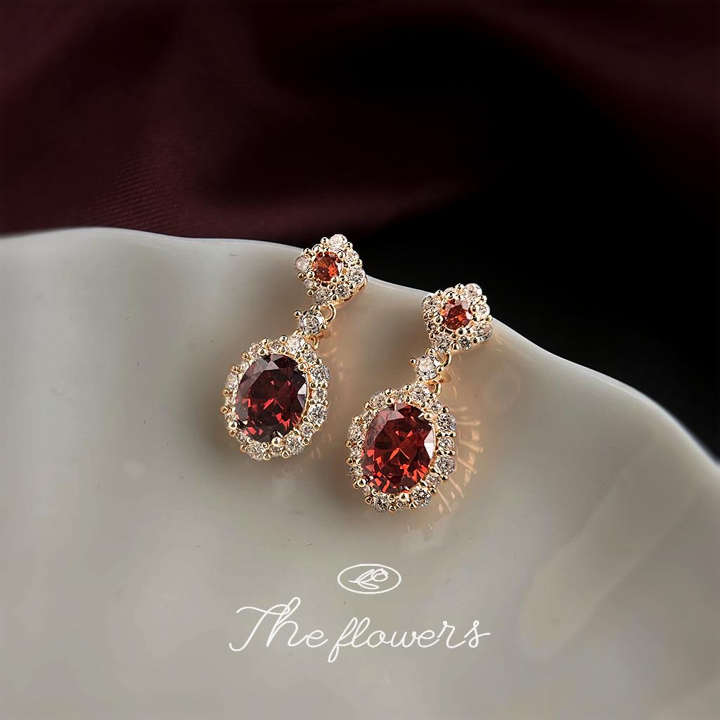 Vintage Zircon Red Court Style 925 Silver Earrings with 14K Gold Plating