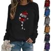 Women's Christmas Hoodie with Red Wine Glass and Hat Print, Round Neck, Long Sleeve.