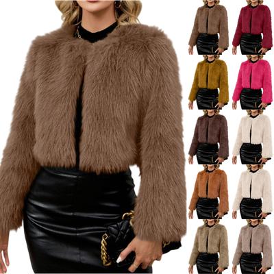 Women's Winter Fashion Casual Short Round Collarless Ladies Faux Plush Coat