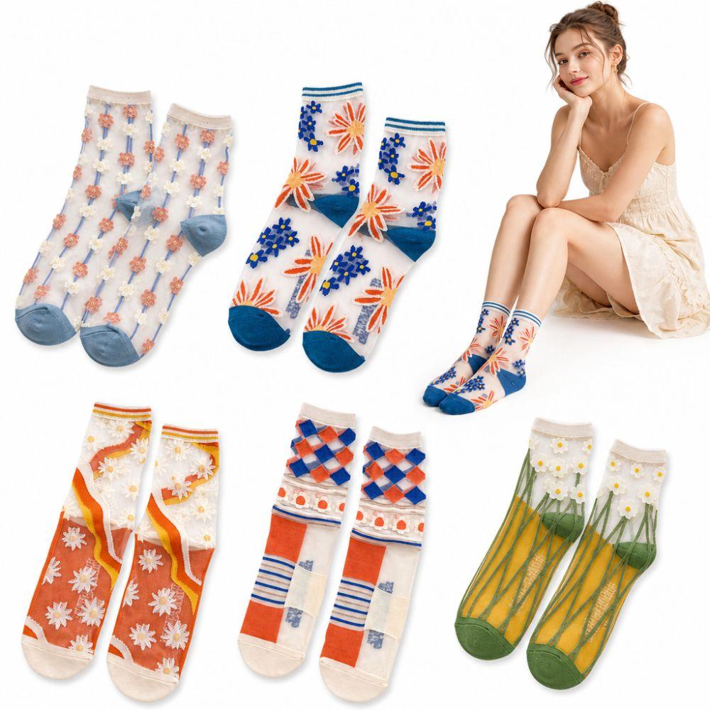 Lace Design Summer Thin Socks Sweet Floral Print Transparent Crystal Silk Socks  for Women Girl