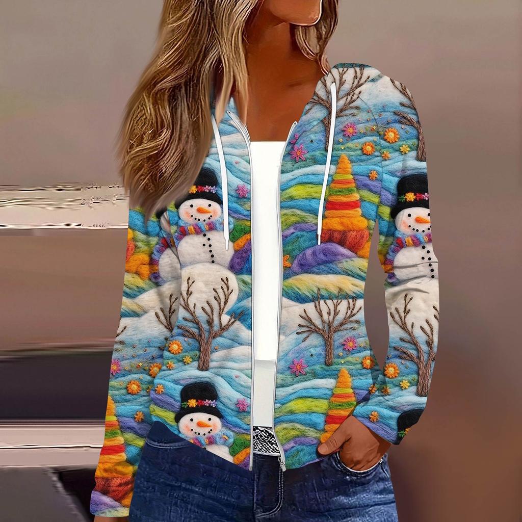 Women's Fashion Christmas Print Casual Zip-Up Long-Sleeved Hooded Jacket