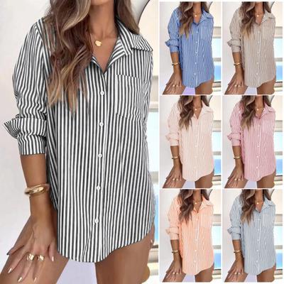 Camisa Feminina Lapela Manga Longa Abotoamento Simples Tops de Camisa com Bolsos Aplicados Estampa Listrada Caimento Solto Camisa Casual para Senhora de Escritório