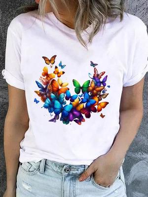 (Asiatische Größe) Damenmode Bedrucktes Lässiges T-Shirt Tee Top Dame Weiblich Schmetterling Trend Niedlich Grafik Kurzarm T-Shirts Kleidung