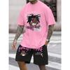 Men's Round Neck Casual Summer T-shirt with Cartoon Characters and Letter Patterns, Short Sleeves and Drawstring Shorts