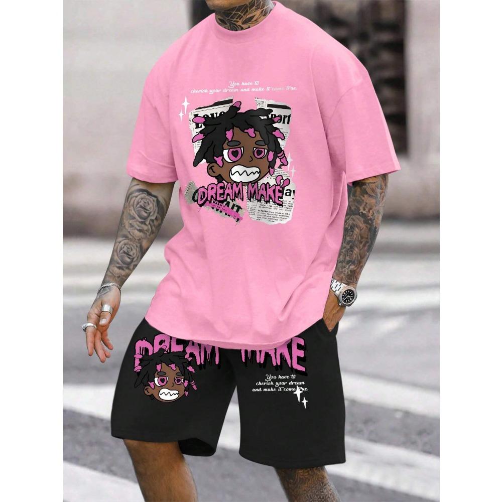 Men's Round Neck Casual Summer T-shirt with Cartoon Characters and Letter Patterns, Short Sleeves and Drawstring Shorts