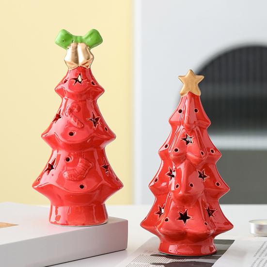 Ceramic Christmas Tree Night Light Glowing Decorative Lamp with Star Topper Xmas Tree Figurines for Holiday Home Decor