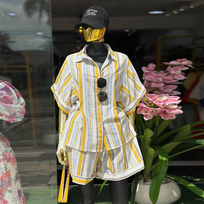 European & American Women's Striped Short-Sleeve Shirt & High-Waisted Shorts Set - Summer 2026 Collection