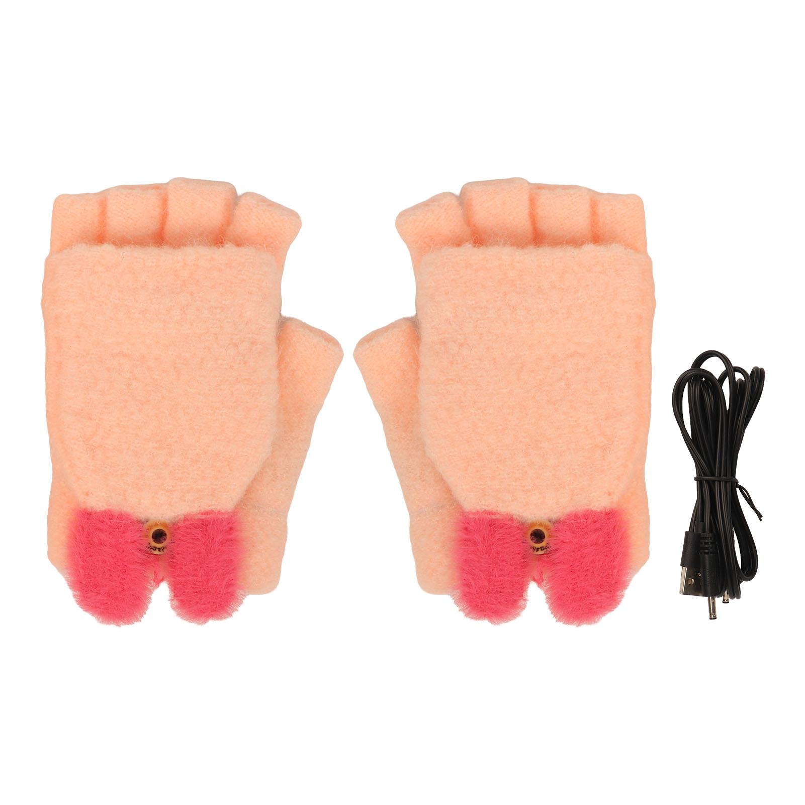 

5V Heating Mittens USB Power Supply with Folding Finger Cover Cute Knit Electric Heated Gloves for Winter Riding