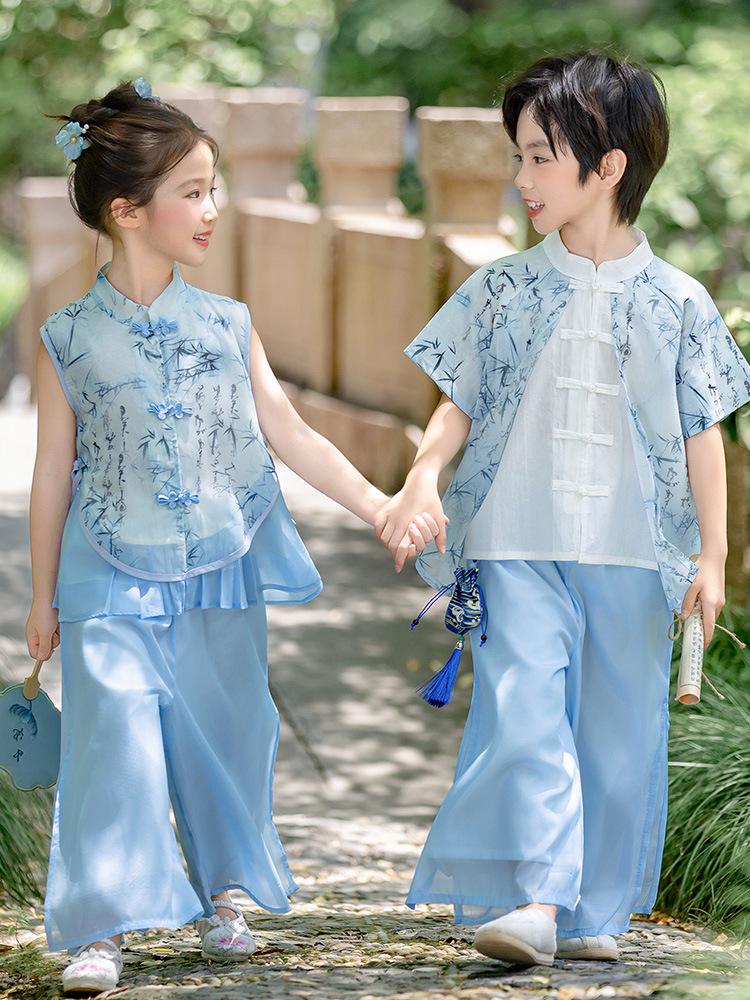 Kids' Hanfu: Emerald Bamboo & Orchid Tang Suit Set - Summer Chinese Style for Boys and Girls Performance