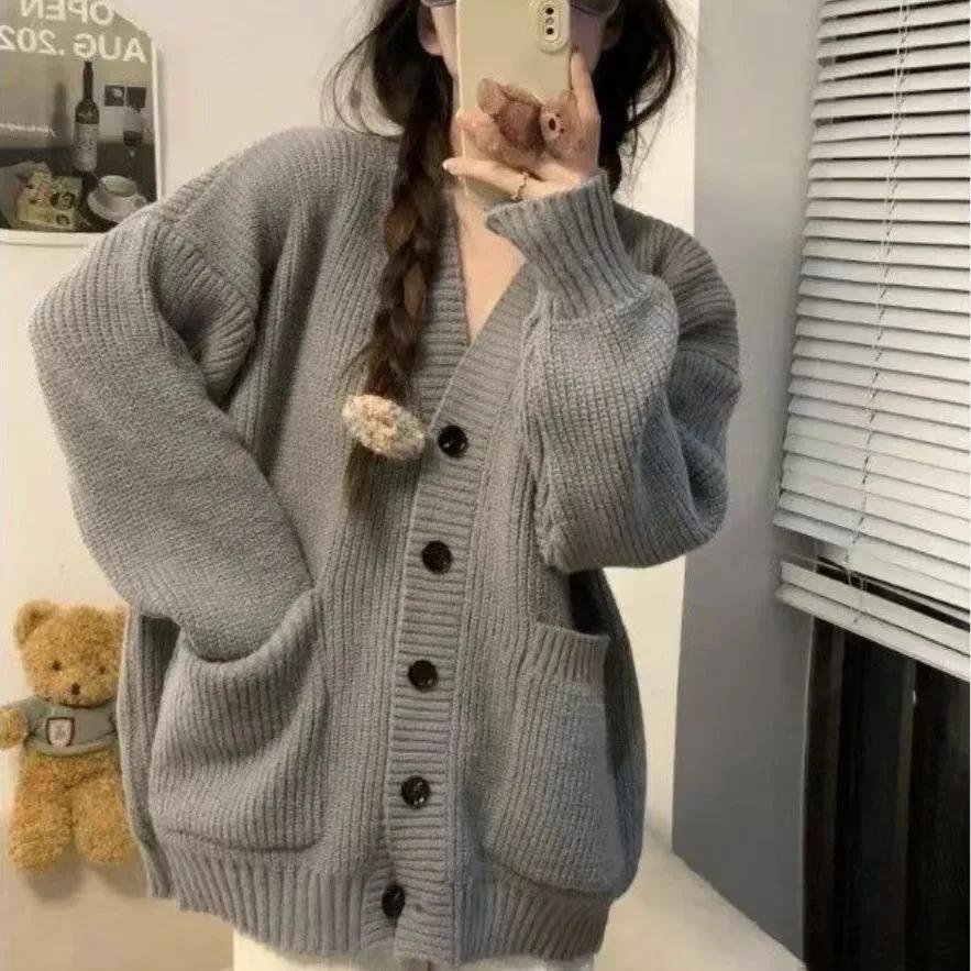 Women Spring and Autumn Loose Cardigan Long Sleeve V-neck Knitted Coats Korean Style Solid Baggy Tops