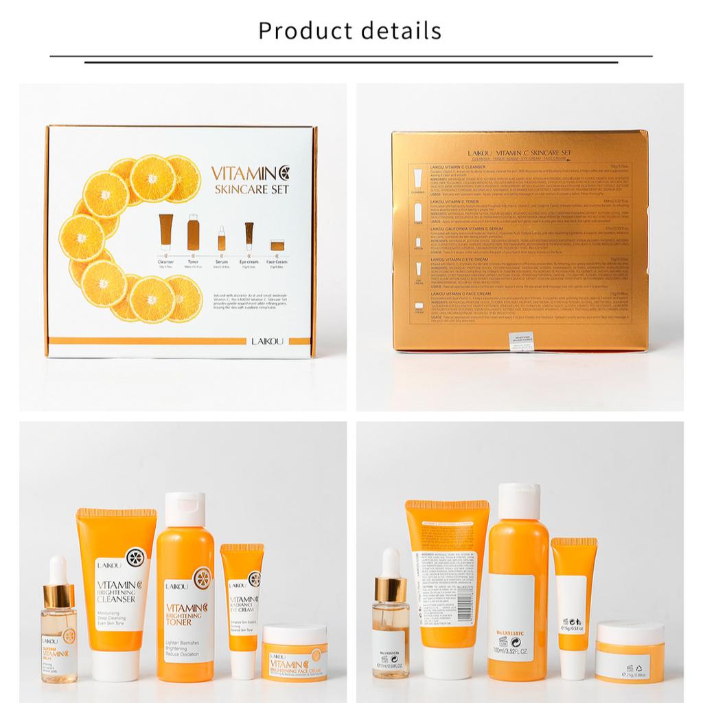LAIKOU Vitamin C Hautpflege-Set 5-teilig Gesichtsreiniger Toner Serum Creme Augencreme