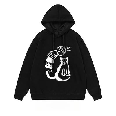 American Retro Fun Characters Kitten Pattern Printing Loose Casual Men's Autumn and Winter New Hooded Cycling Guard Clothes
