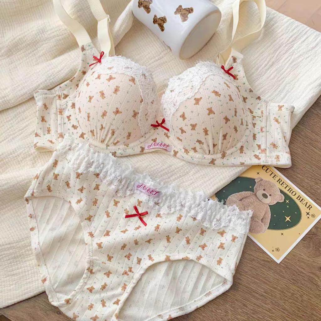 Printed bear French floral lace underwear women's small breasts gather to show large and thin bras new models